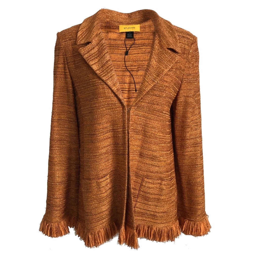 St John Knit Jacket with Fringe Trim Shimmer Thread NWD/NWOT M